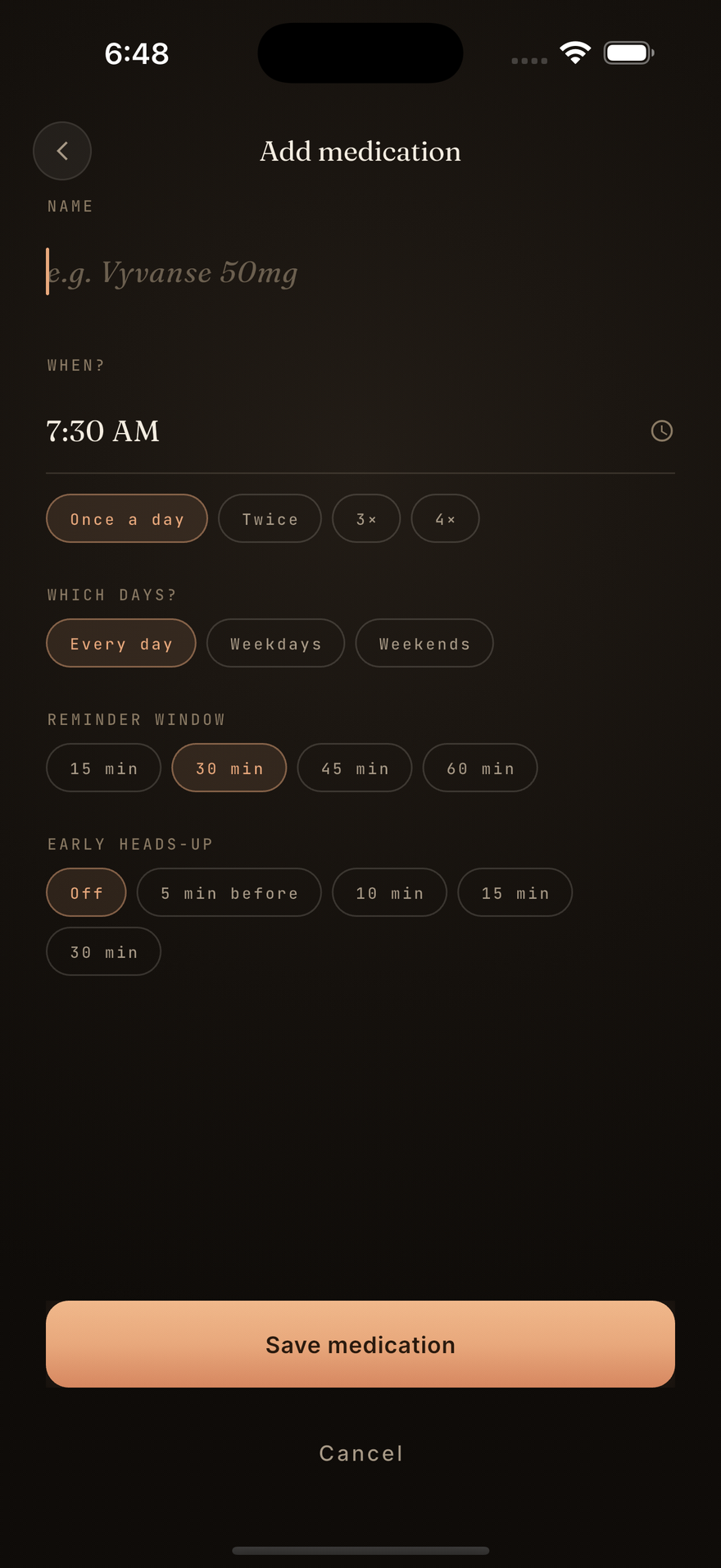 Add medication screen with name, time and day fields
