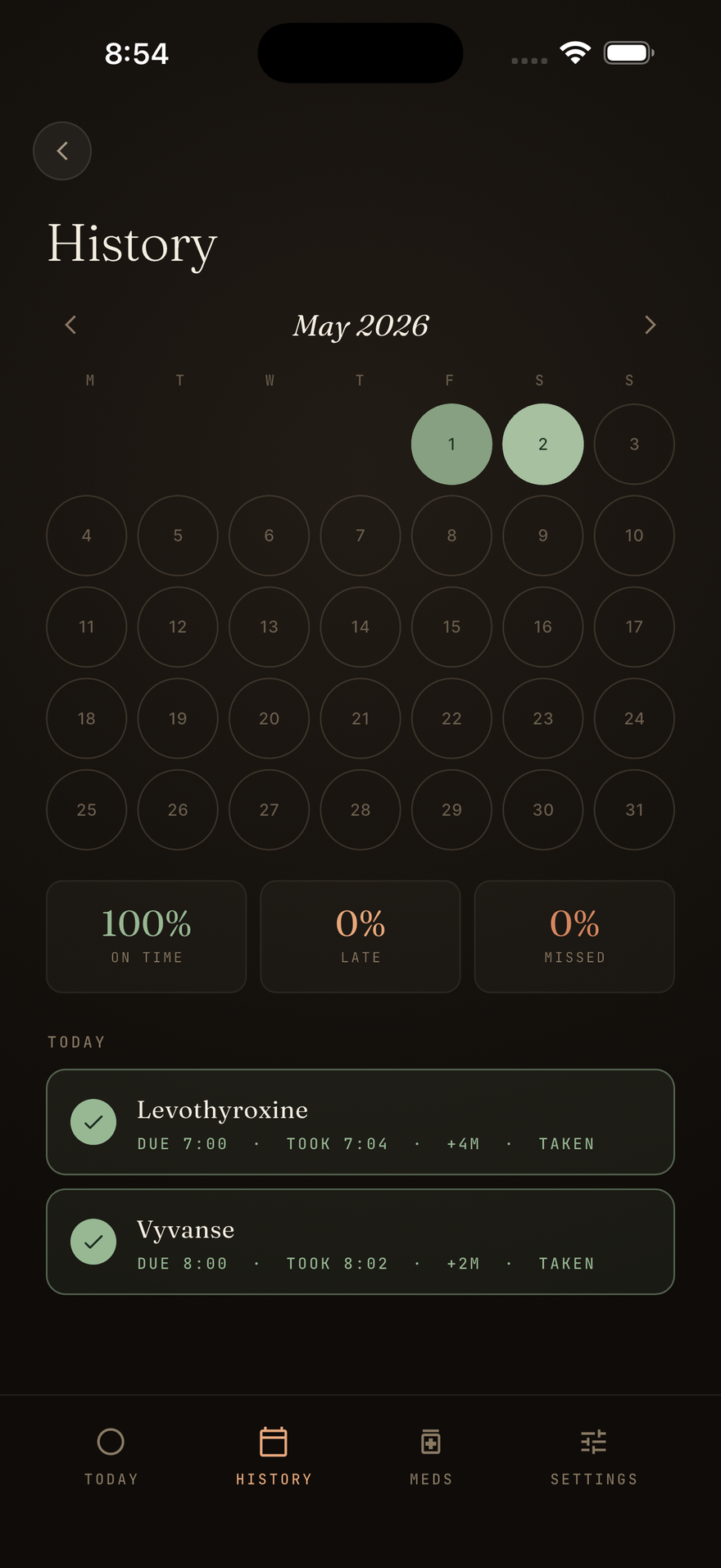 Streaks screen showing days in a row count and a 30-day adherence sparkline